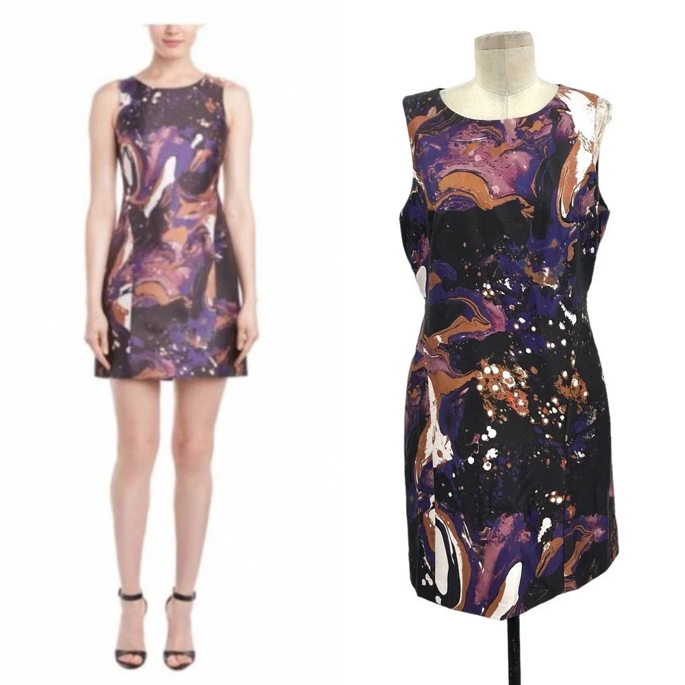 Karen Millen Modern Marble Purple Print Sleeveless Sheath Dress Size US 10